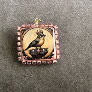 Handmade Bird Pendant / Brooch Pin with Crown and Gem Accents